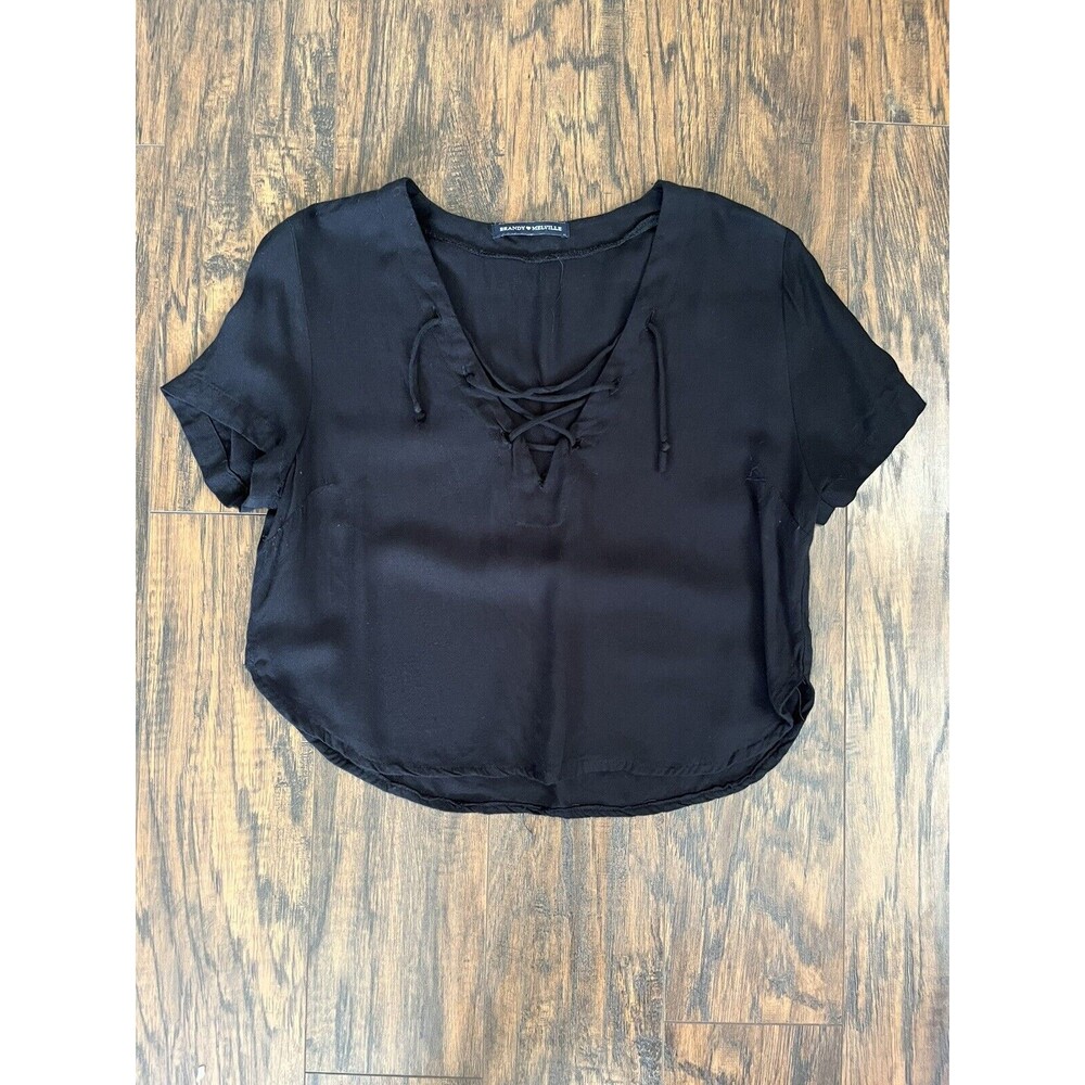 Brandy Melville Shirt Womens Onesize Black Cropped Vneck Short Sleeve Bohemian